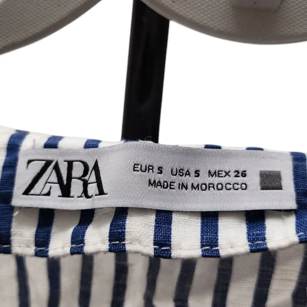 Zara Dress Small Blue White Striped Linen‎ Midi Side Slit Preppy Bloggers Fave